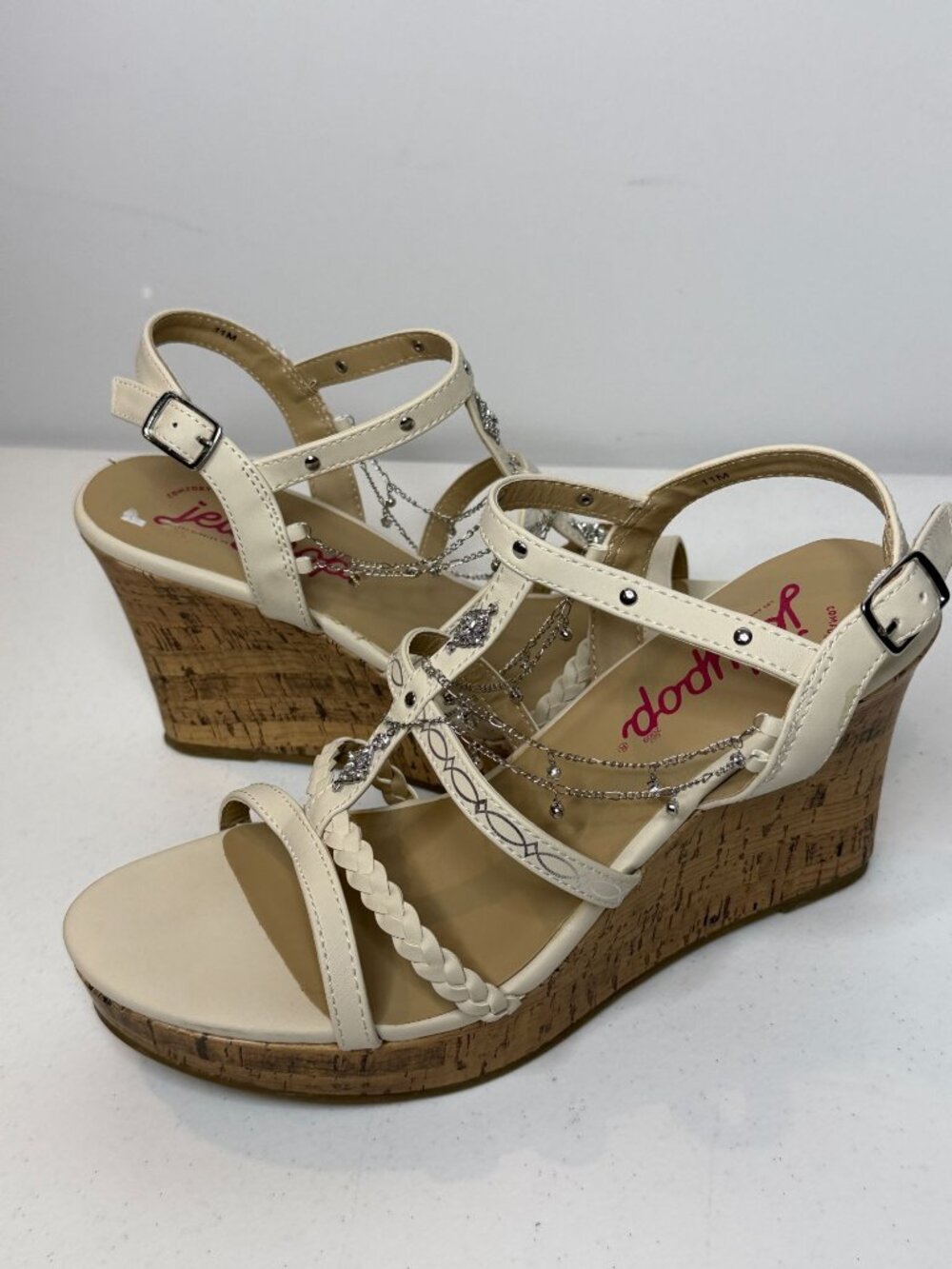 Jellypop Ivory Embellished Cork Wedge Sandals Womens Size 11